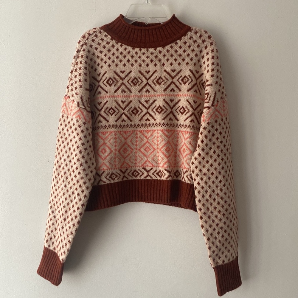 American Eagle NWT Mock Neck Cropped Fair Isle Pullover Close Knit Sweat…